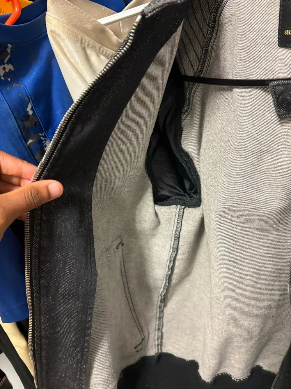 True Religion Black Denim Bomber Jacket with Quilted Sleeves